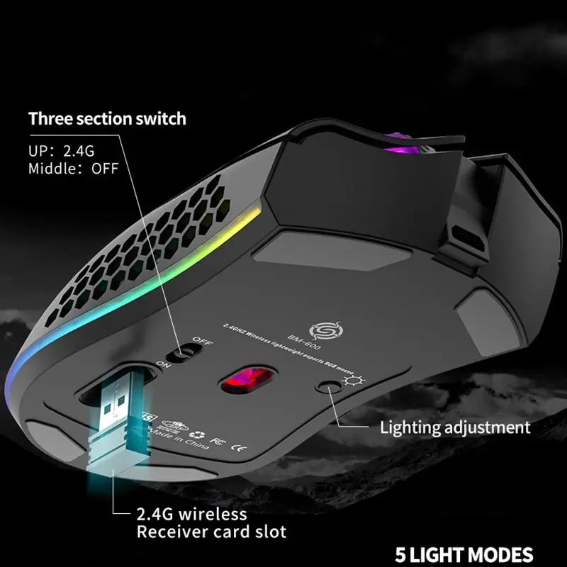 Hackathoner BM600 Pro Gaming Mouse - Wireless RGB Honeycomb